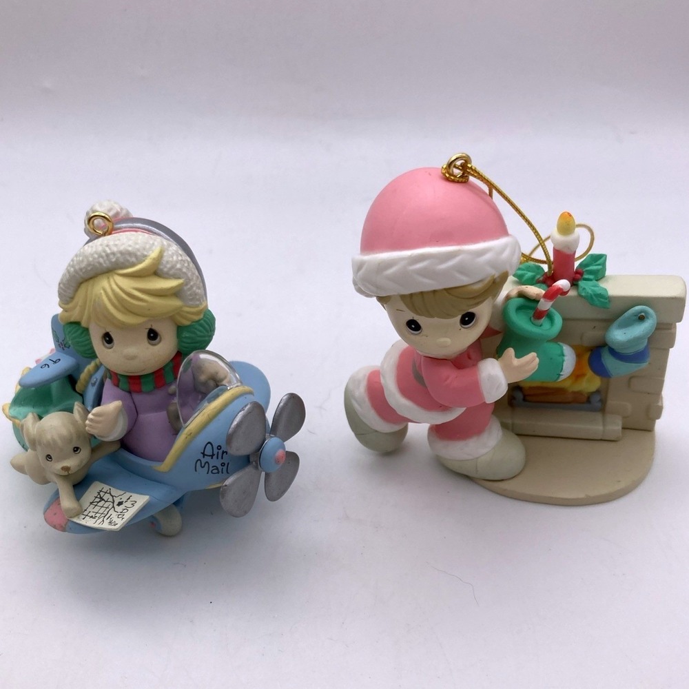 Set Of 2 Vintage Precious Moments Christmas Ornaments Plane Fireplace 1990's